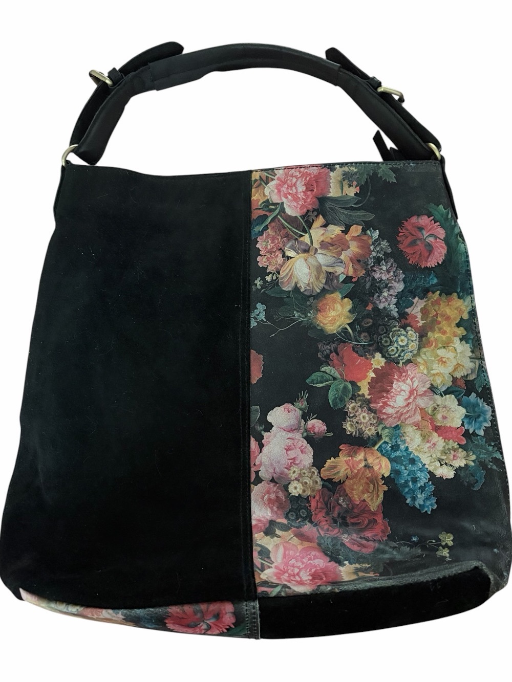 Large Leather Black Floral Shoulder Bag Tote EUC